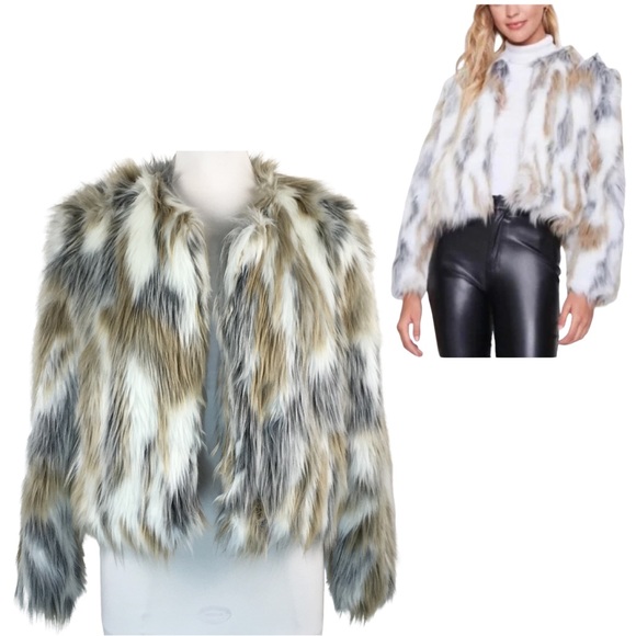 Forever 21 Jackets & Blazers - Forever 21 Shaggy Faux Fur Tan Grey White Collarless Coat size Medium